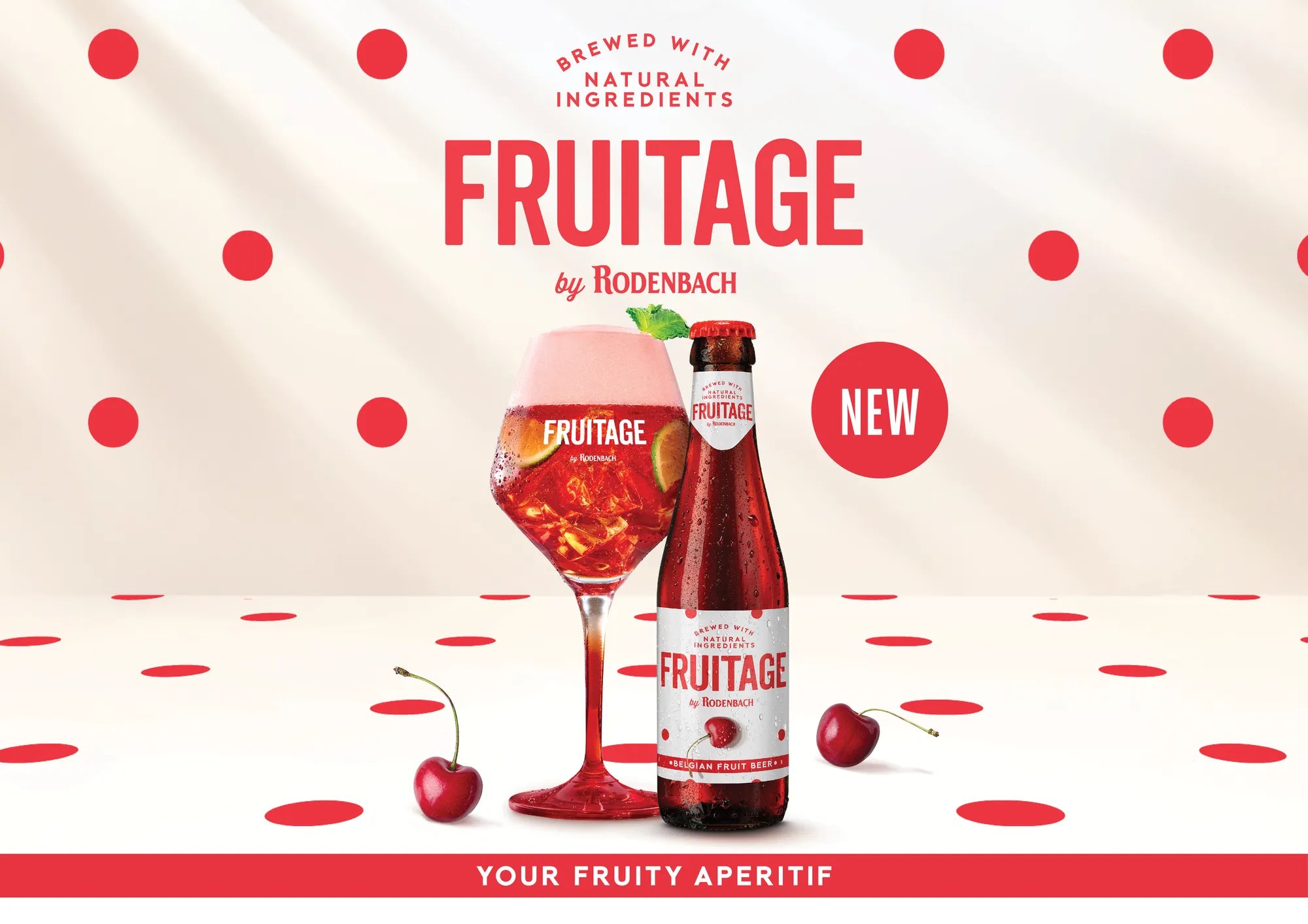 Rodenbach fles,glas en gernering met een rode achtergrond